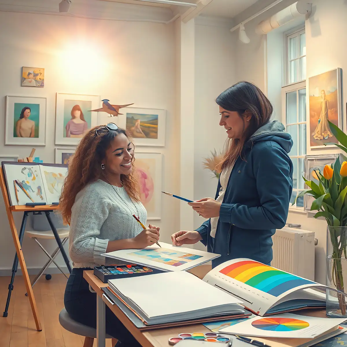 OCAD portfolio preparation session with student and instructor reviewing artwork at Muzart Schools Toronto